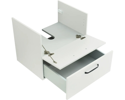 Waschbeckenunterschrank mit einer Schublade, einer Klappe und Siphonausschnitt.