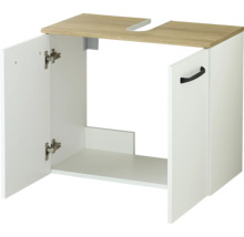 Weißer Waschbeckenunterschrank mit Deckplatte in Holzoptik, Siphonausschnitt, zwei Türen und schwarzem Griff.