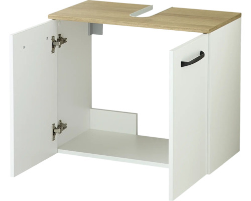 Weißer Waschbeckenunterschrank mit Deckplatte in Holzoptik, Siphonausschnitt, zwei Türen und schwarzem Griff.