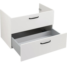 Weißer Waschbeckenunterschrank mit zwei Schubladen und schwarzen Griffen, untere Schublade geöffnet.