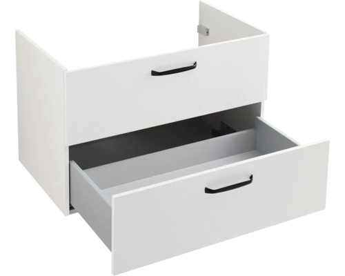 Weißer Waschbeckenunterschrank mit zwei Schubladen und schwarzen Griffen, untere Schublade geöffnet.