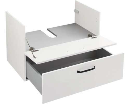 Weißer Waschbeckenunterschrank mit einer Schublade, schwarzem Griff und Siphonausschnitt, geöffnet.