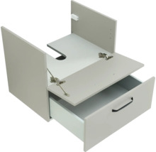 Waschbeckenunterschrank mit einer Schublade, schwarzem Griff und Fachboden mit Siphonausschnitt.