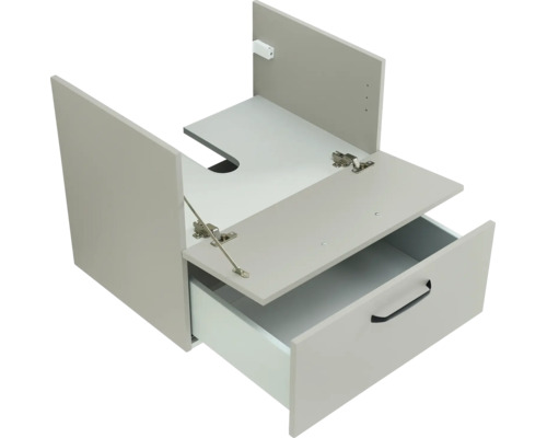 Waschbeckenunterschrank mit einer Schublade, schwarzem Griff und Fachboden mit Siphonausschnitt.