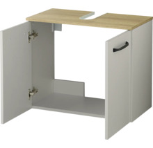 Grauer Waschbeckenunterschrank mit zwei Türen und einer Deckplatte in Holzoptik mit Siphonausschnitt.