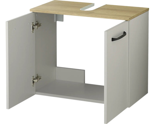 Grauer Waschbeckenunterschrank mit zwei Türen und einer Deckplatte in Holzoptik mit Siphonausschnitt.