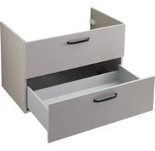Waschbeckenunterschrank mit zwei Schubladen und schwarzen Griffen in Grau.