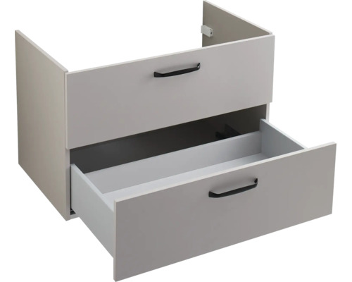 Waschbeckenunterschrank mit zwei Schubladen und schwarzen Griffen in Grau.
