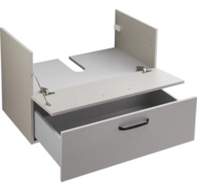 Waschtischunterschrank mit einer Schublade, Griff und Siphonausschnitt.