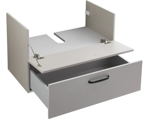 Waschtischunterschrank mit einer Schublade, Griff und Siphonausschnitt.