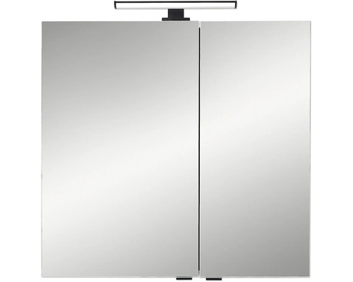 Zweitüriger Spiegelschrank für das Badezimmer mit LED-Aufsatzleuchte.