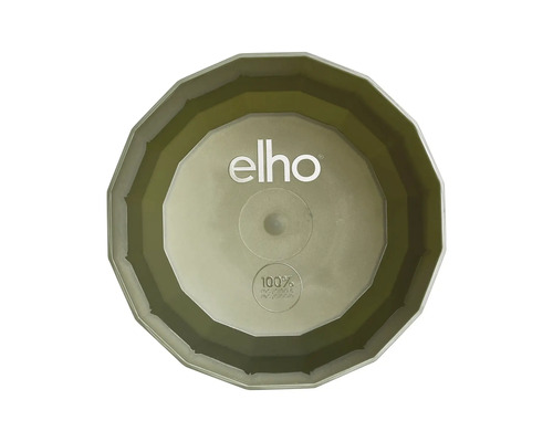 Innenansicht eines facettierten Blumentopfs mit Elho Logo und dem Hinweis 100 Prozent recycelt und recycelbar.