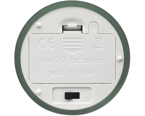 Unterseite eines elektronischen Geräts mit Batteriefach für zwei AA-Batterien, Schalter für Ein, Aus und Timer sowie CE-Kennzeichnung.