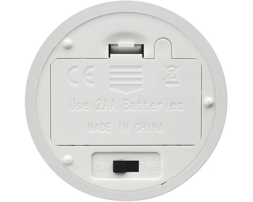 Unterseite eines Elektrogeräts mit Batteriefach für zwei AA-Batterien sowie Schalter für Ein, Aus und Timer.