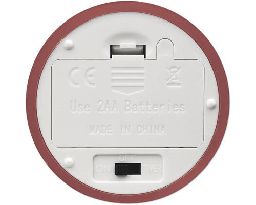 Unterseite eines Geräts mit Batteriefach für zwei AA-Batterien, Ein-Aus-Timer-Schalter, CE-Kennzeichnung und Entsorgungssymbol.