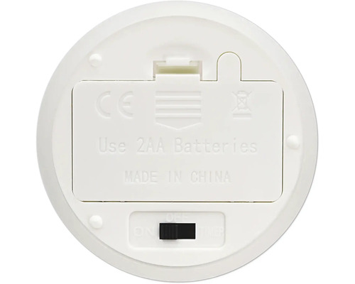 Unterseite eines batteriebetriebenen Geräts mit Fach für zwei Batterien, Schalter für Ein, Aus und Timer-Funktion sowie europäischem Konformitätszeichen.