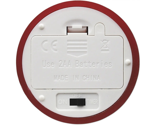 Unterseite mit Batteriefach für zwei AA-Batterien, CE-Kennzeichnung, Entsorgungshinweis und Dreiwege-Schalter für Ein, Aus und Timer.