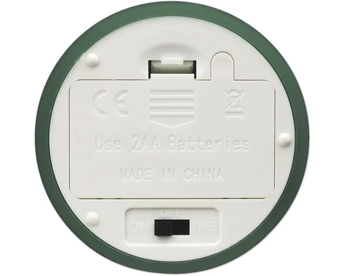 Unterseite eines Geräts mit Batteriefach für zwei AA-Batterien, Schiebeschalter für An, Aus und Timer sowie CE-Kennzeichnung.