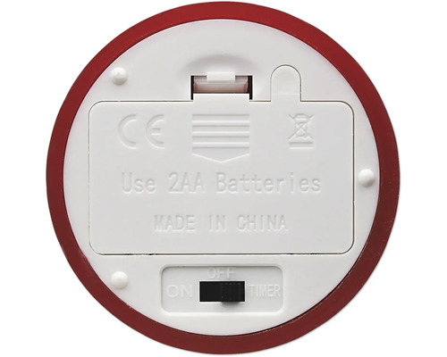 Unterseite eines Geräts mit Batteriefach für zwei AA Batterien, CE Kennzeichnung, Entsorgungssymbol und Schalter für Ein, Aus und Timer.