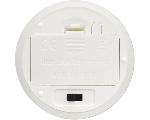 Unterseite eines batteriebetriebenen Geräts mit Batteriefach für zwei AA Batterien, Schalter für Ein, Aus und Timer sowie europäischer Konformitätskennzeichnung.