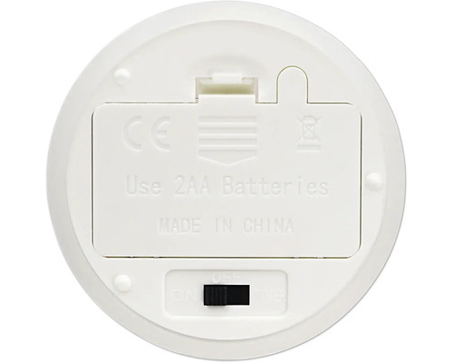 Unterseite eines elektronischen Geräts mit Batteriefach für zwei AA Batterien und einem Schalter mit Ein Aus und Timerfunktion.