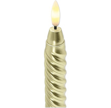 Christbaumkerze LED in Gold mit gedrehtem Schaft und warmweißem Leuchtmittel in Flammenform.