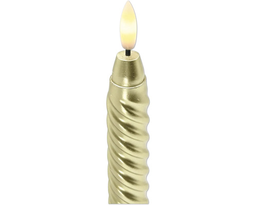 Christbaumkerze LED in Gold mit gedrehtem Schaft und warmweißem Leuchtmittel in Flammenform.