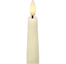 Cremefarbene LED-Stabkerze aus Echtwachs mit realistischer Flammenoptik und flackerndem Licht.