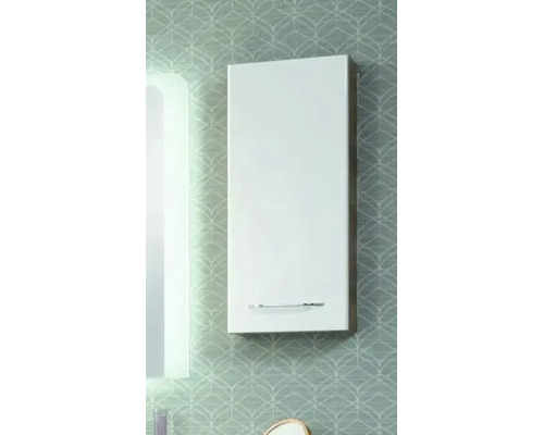 Vertikaler Badezimmer-Hängeschrank mit weißer Hochglanzfront und horizontalem Metallgriff.