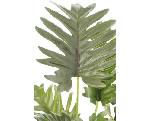 Detailansicht eines künstlichen grünen Philodendron-Blattes mit tief eingeschnittenen Rändern für die Dekoration.