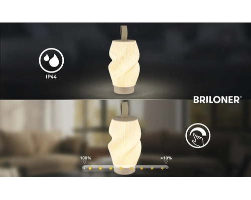 Tragbare LED-Tischleuchte mit IP44-Schutz gegen Spritzwasser und Dimmfunktion von 100 Prozent auf circa 10 Prozent. Briloner Logo.
