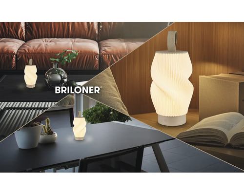 Tragbare Briloner LED-Tischleuchte mit gedrehtem, geripptem Design, dargestellt in einem Wohnzimmer, auf einem Esstisch und neben einem Buch.
