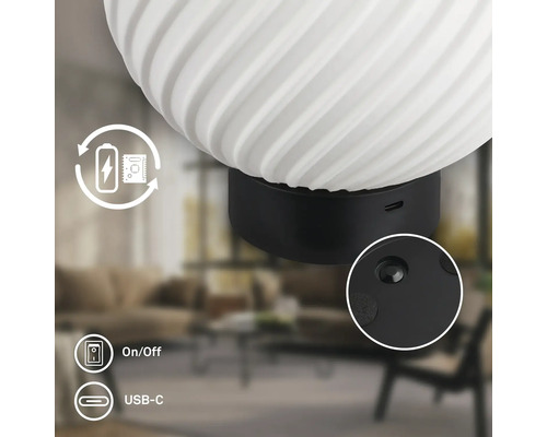 Detailansicht einer kugelförmigen Lampe mit Struktur, schwarzem Sockel, USB-C-Anschluss, Ein-Ausschalter und Symbol für Akkubetrieb.