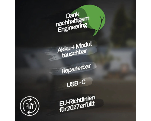 Nachhaltiges Engineering: Akkumulator und Modul tauschbar, reparierbar, Universal Serial Bus C, erfüllt Richtlinien der Europäischen Union für 2027.