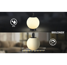 Tragbare Briloner Leuchte mit IP44 Spritzwasserschutz und Dimmfunktion von 100 Prozent bis circa 10 Prozent. Briloner Logo.