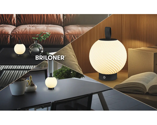 Briloner Logo und tragbare LED-Tischleuchte mit Spiralstruktur und Trageschlaufe auf Tischen im Wohnzimmer, Außenbereich und in einer Leseecke.