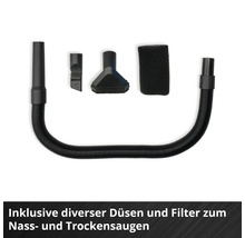 Staubsauger-Zubehörset mit flexiblem Schlauch, Fugendüse, Polsterdüse und Schaumstofffilter für Nasssauger und Trockensauger.