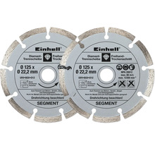 Zwei segmentierte Einhell Diamant-Trennscheiben mit Einhell Logo, Durchmesser 125 Millimeter, für Trockenschnitt von Beton und Granit.