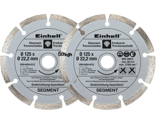 Zwei segmentierte Einhell Diamant-Trennscheiben mit Einhell Logo, Durchmesser 125 Millimeter, für Trockenschnitt von Beton und Granit.