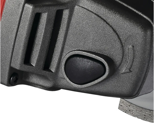 Nahaufnahme eines Elektrowerkzeugs mit schwarzem Knopf und Lüftungsschlitzen am Gehäuse.