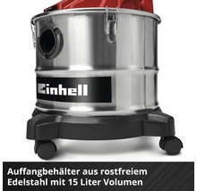 Einhell Nass-Trockensauger mit einem 15 Liter Auffangbehälter aus rostfreiem Edelstahl auf Rollen.
