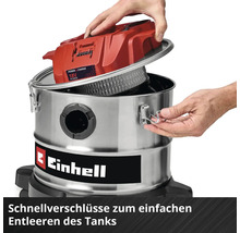 Einhell Nass-Trockensauger mit geöffnetem Metallbehälter und Schnellverschlüssen zum einfachen Entleeren.