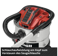 Einhell Akku Nass-Trockensauger mit integrierter Schlauchaufwicklung am Kopf für die ordentliche Aufbewahrung des Saugschlauchs.
