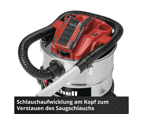 Einhell Akku Nass-Trockensauger mit integrierter Schlauchaufwicklung am Kopf für die ordentliche Aufbewahrung des Saugschlauchs.