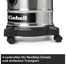 Einhell Staubsauger mit Edelstahlbehälter und vier Lenkrollen für einfachen Transport. Einhell Logo.