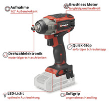 Einhell Akku-Schlagschrauber mit 1/2 Zoll Außenvierkant, bürstenlosem Motor, Drehzahlelektronik, Quick-Stop, LED-Licht und Softgrip.