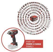 Einhell Akku-Schlagschrauber als Teil der Power X-Change Familie mit einer Übersicht vieler kompatibler Werkzeuge und Gartengeräte.