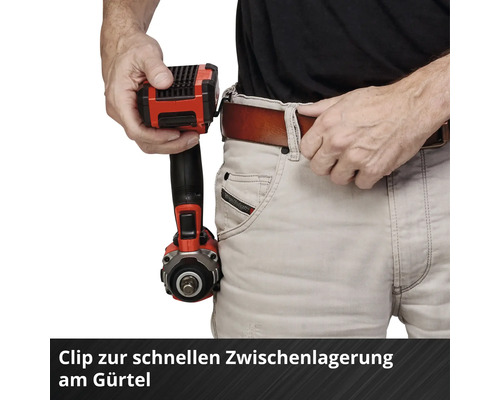 Schlagschrauber mit Gürtelclip zur schnellen Zwischenlagerung am Gürtel.