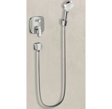 Duschset in Chrom-Optik mit runder Handbrause, Brauseschlauch, Wandhalterung und Unterputz-Mischbatterie mit Einhebelmischer.