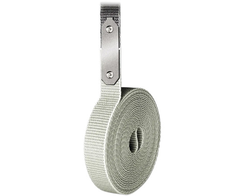 Graues Rollladengurtband auf Rolle mit Metallaufhängung und Nieten.